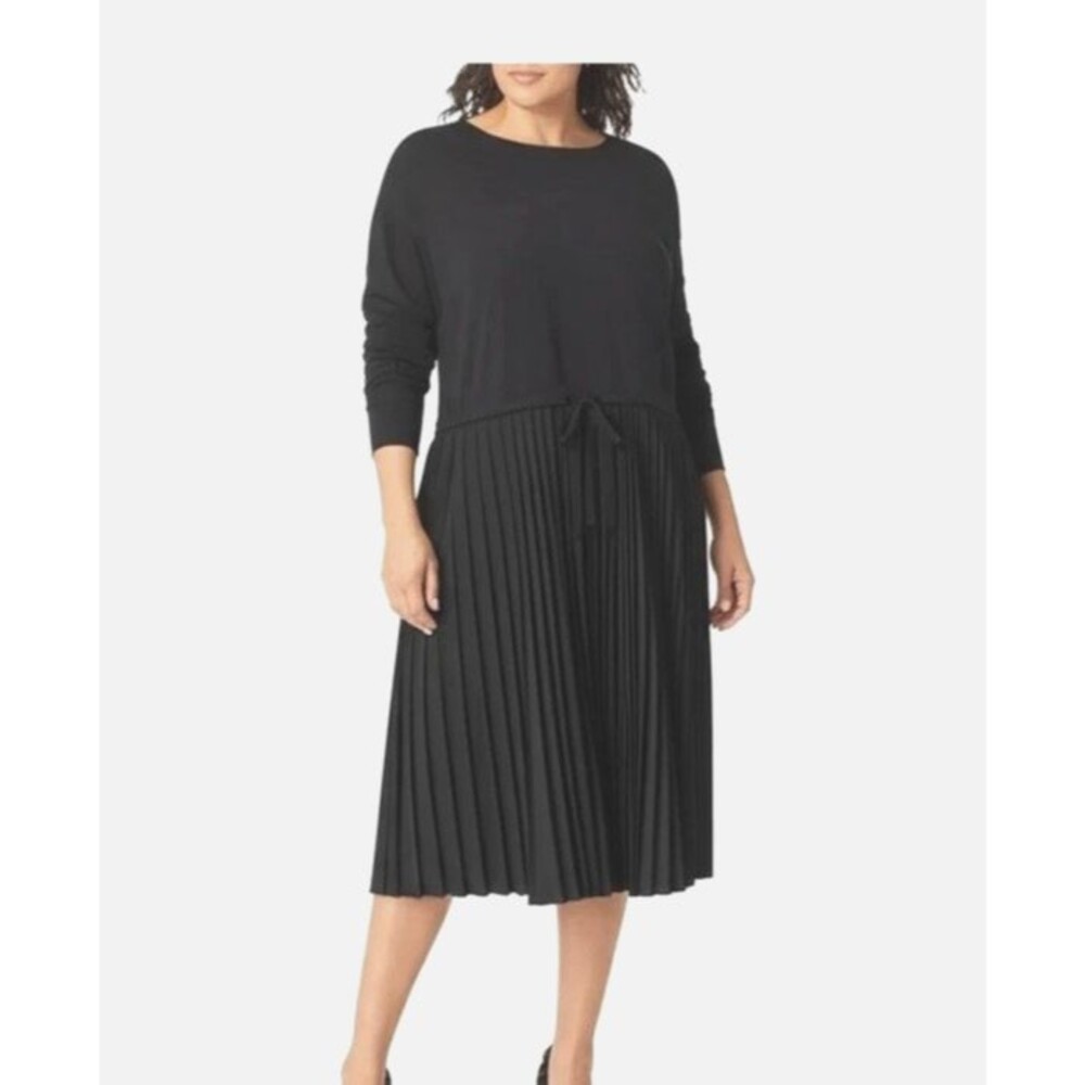 J Jill Pleated Drop Waist Drawstring Midi Dress 1X Black Minimalist Whimsigoth